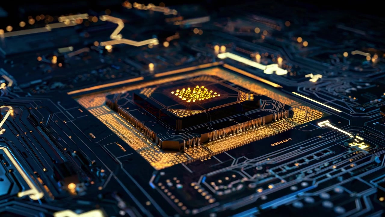 Futuristisk computerprocessor på et printkort med digital datastrøm