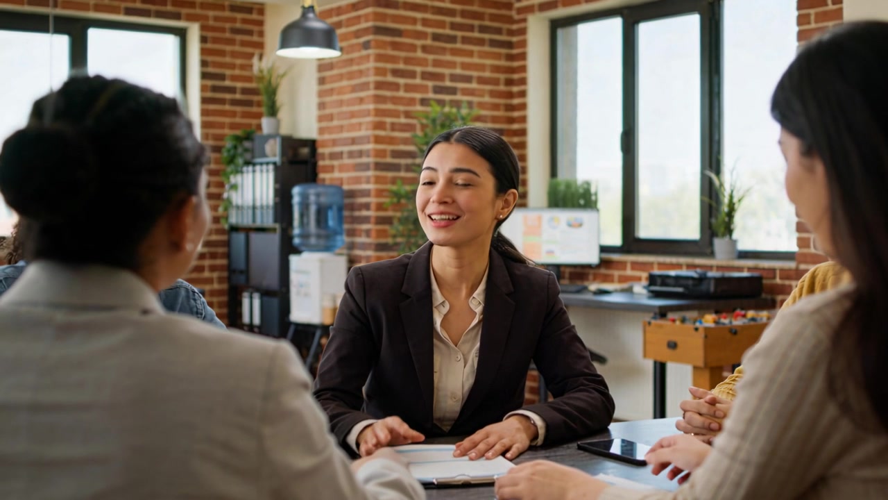 Donna in blazer scuro che parla, conduce una riunione al tavolo dell'ufficio, dando un'occhiata ai rapporti stampati consegnati.