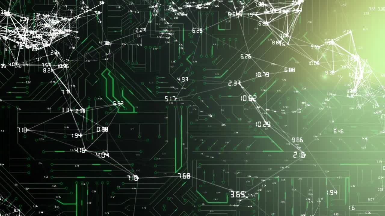 conectando líneas blancas y números flotando frente a una placa de circuito verde brillante