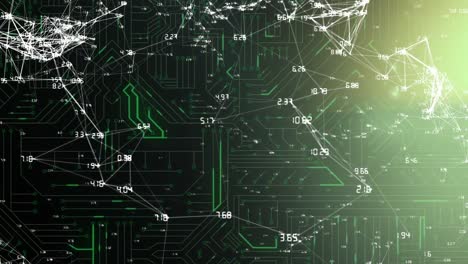 Connecting white lines and numbers floating in front of a glowing green circuit board