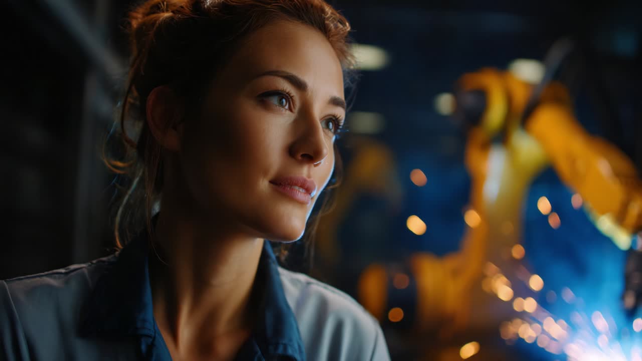 Contemplative Woman in a High-Tech Environment Overseeing Robotic Operations with Sparks Flying as the Background, Reflecting Innovation and Technology in Today's Industrial Landscape