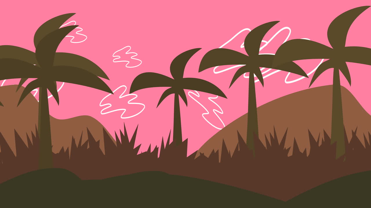 paisaje de puesta de sol rosa con palmeras de verano y montañas