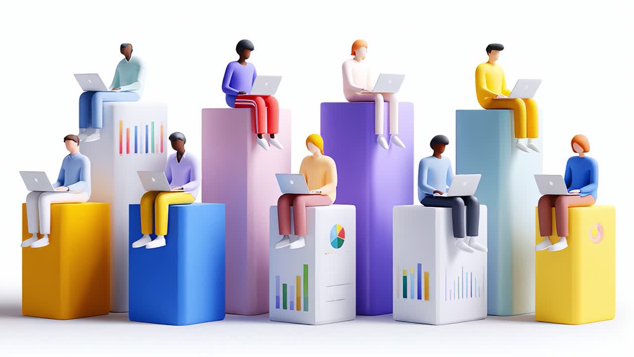 A Diverse Group of Stylized Figures Engaged in Collaborative Work On Laptops, Representing Team Dynamics and Digital Interaction Against a Vibrant, Colorful Background