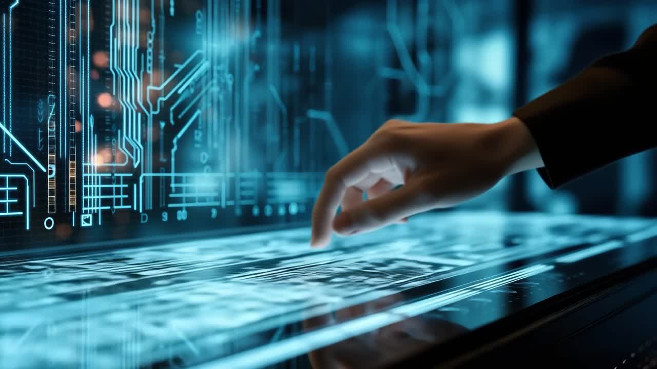 Futuristic video concept with a close-up angle of a hand interacting with a digital interface video