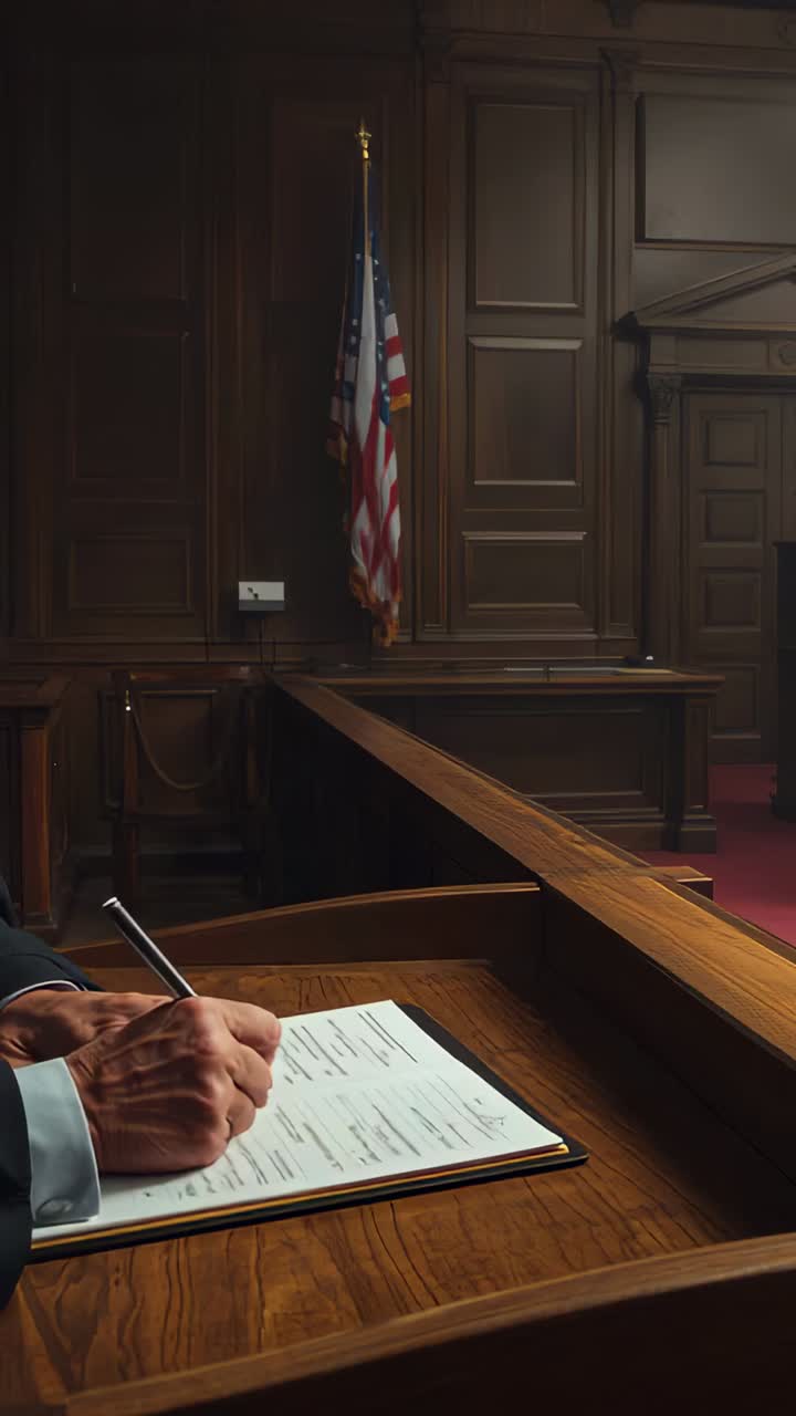 Vertical video: Writing male hand in suit pen touching page filling form at court desk, copy space