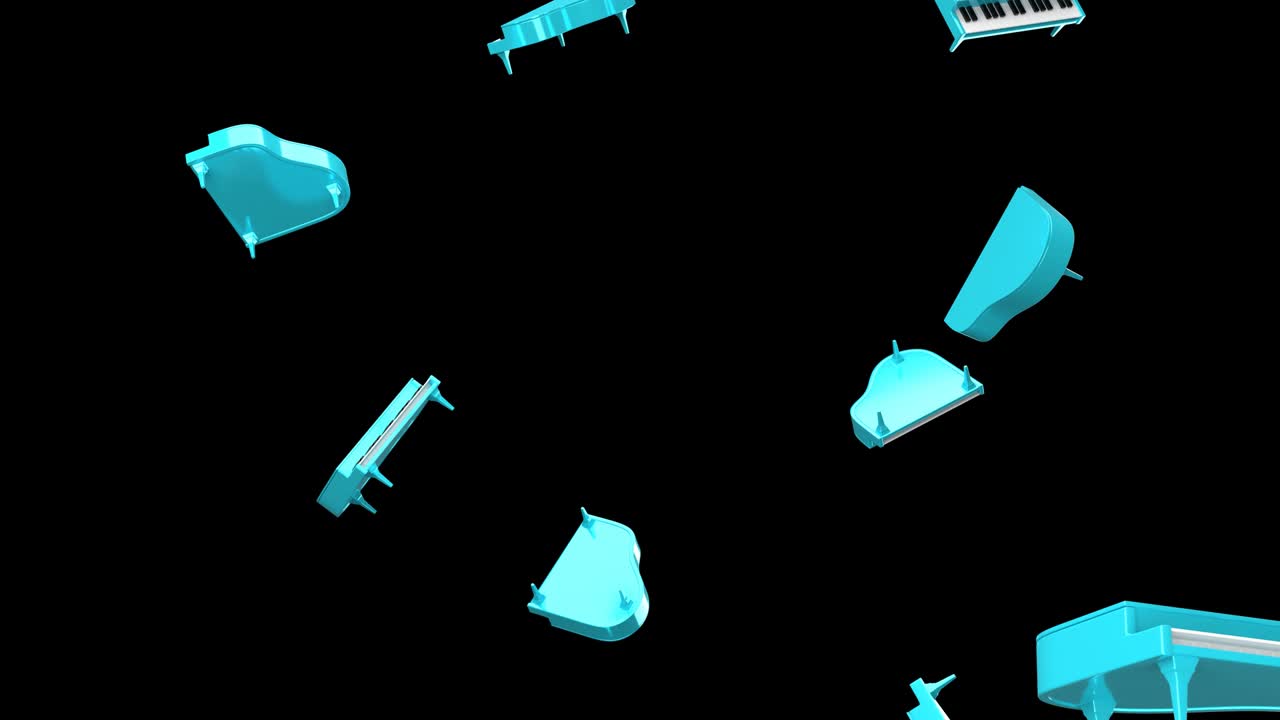 검은색 바탕에 파란색 피아노가 날고 있습니다.