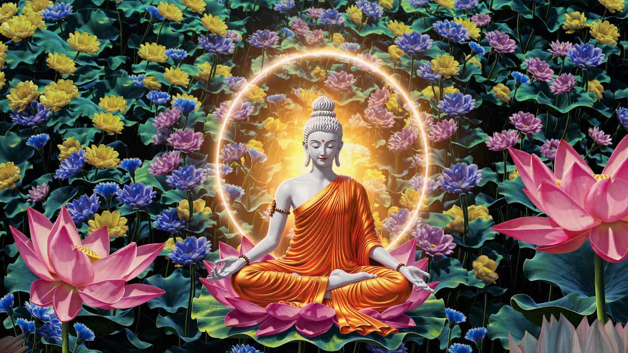 A serene video scene of a meditating figure in vibrant lotus flowers, captured from a front angle