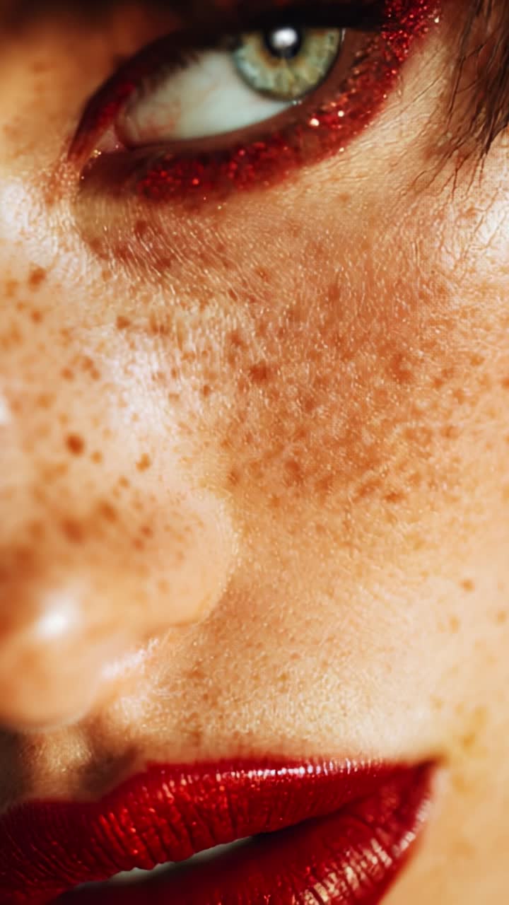 Primo piano di un make-up artistico che mette in risalto un trucco occhi scintillante e una pelle perfetta con lentiggini, enfatizzando il colore delle labbra e un incarnato luminoso in uno stile fotografico creativo