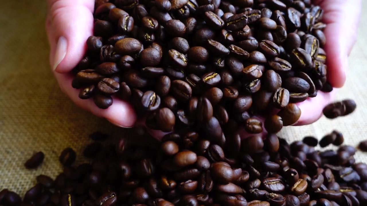 Chicchi di caffè sul sacco. Rallentatore.