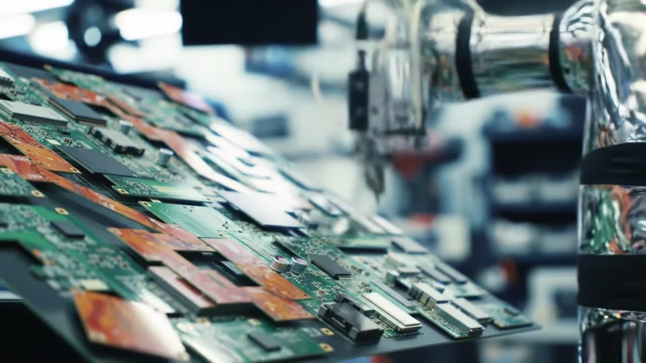 A robotic arm precisely works on assembling circuit boards in a modern manufacturing facility.