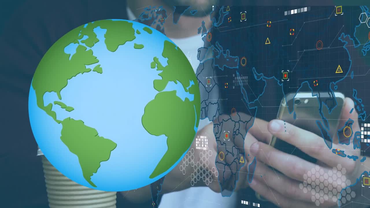 animación del globo, el mapa del mundo y los iconos sobre las manos de un hombre caucásico que usa un teléfono inteligente