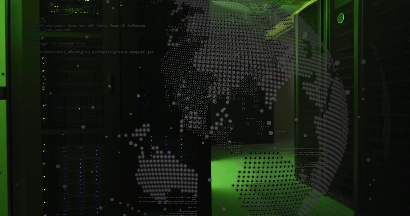 Animation of computer programming language and globe over illuminated server room