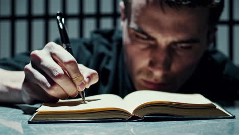 a man writing in a notebook