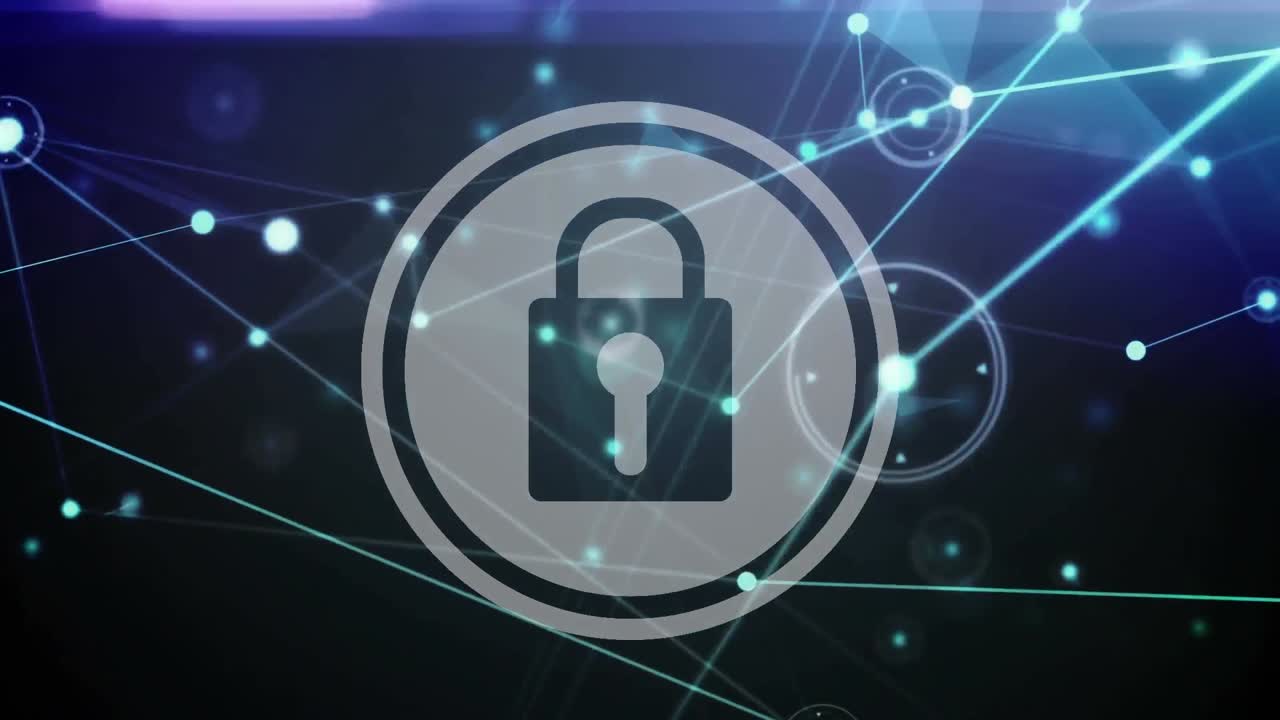 animación digital de la red de conexiones a través del icono de candado de seguridad sobre fondo azul