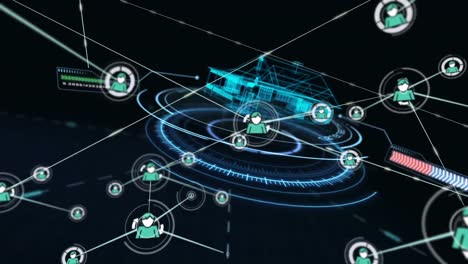 Netzwerk-Von-Profilsymbolen-Vor-Rundem-Scanner-Und-3D-Hausmodell,-Das-Sich-Auf-Schwarzem-Hintergrund-Dreht