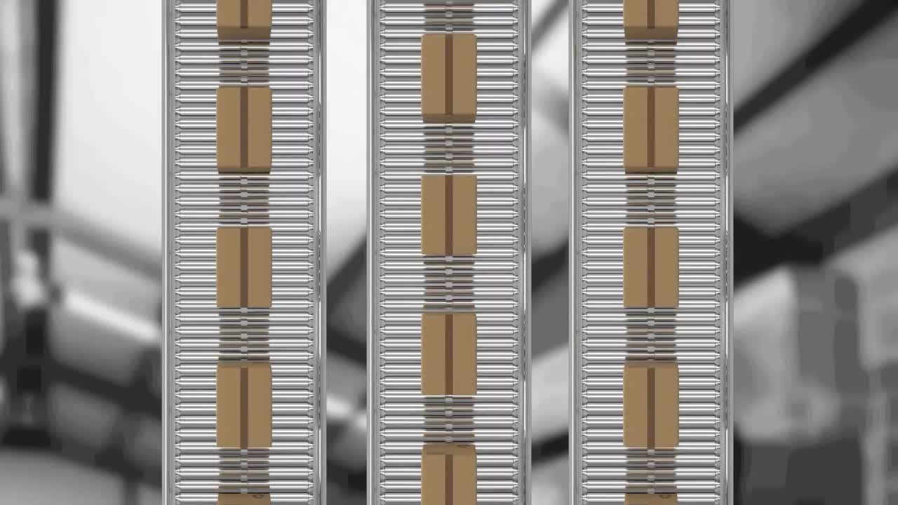 animación de cajas de cartón que se mueven en cintas transportadoras sobre el almacén