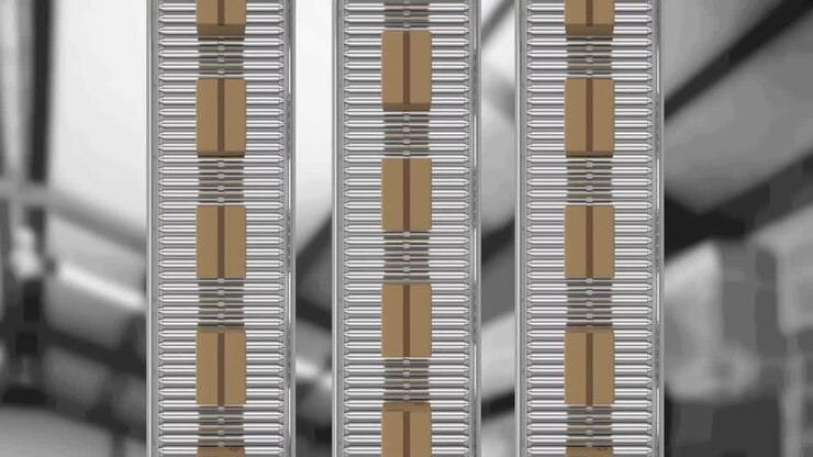 Animation of cardboard boxes moving on conveyor belts over warehouse