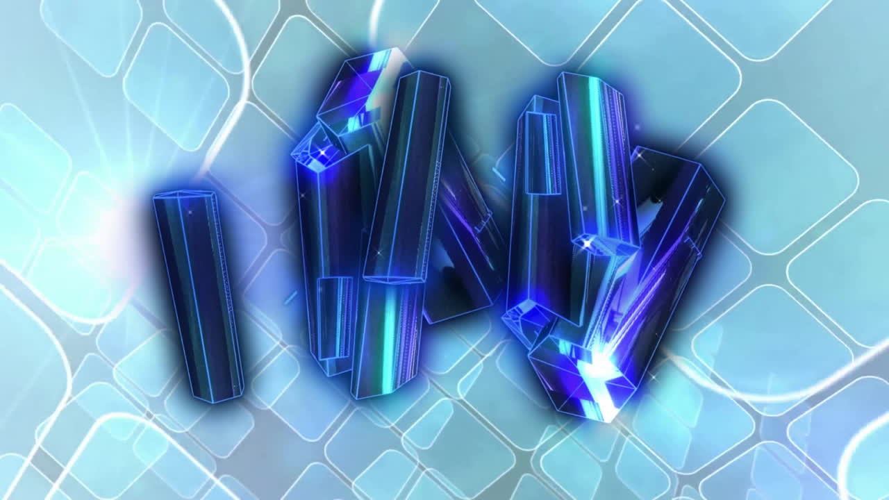 Cluster of glowing blue faceted crystals floating in cyan 3D grid background, with light streaks