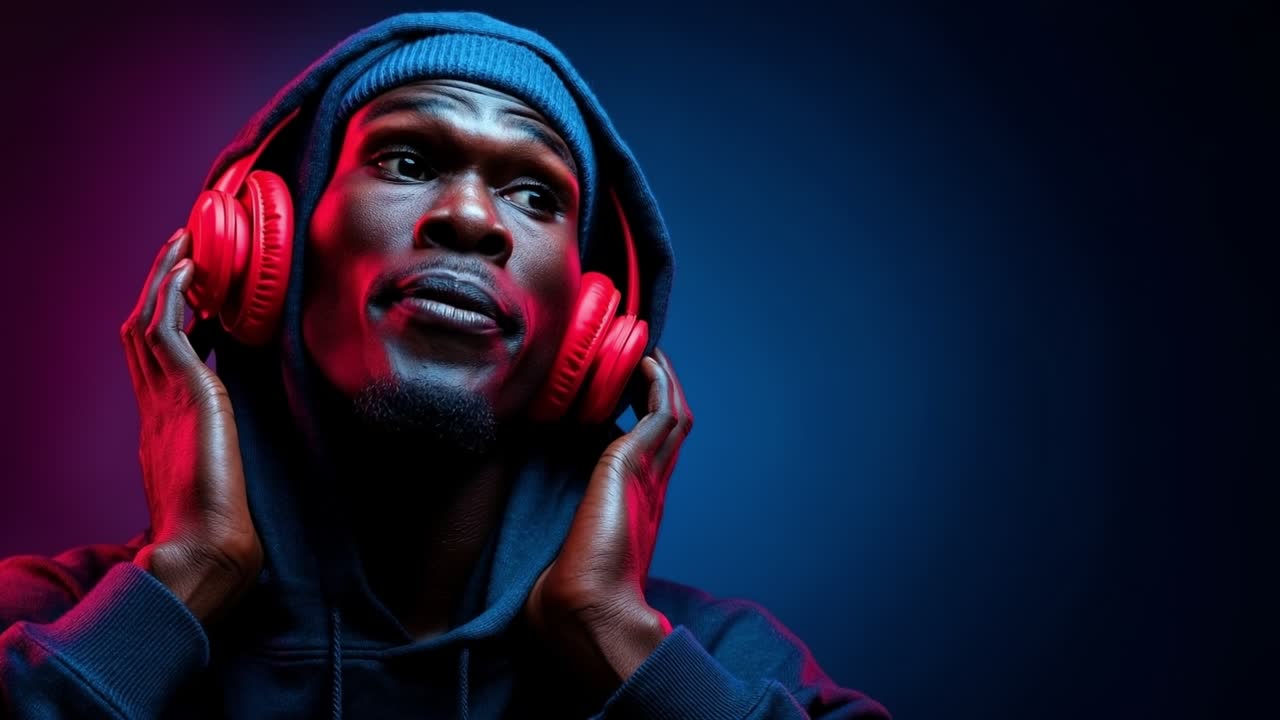 Giovane uomo con felpa blu che ascolta musica con le cuffie e gli occhi chiusi sotto la luce al neon