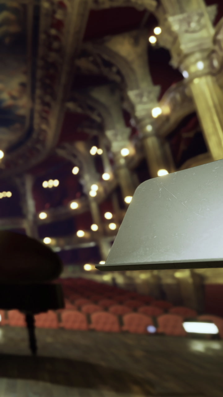 Historic theater space with empty seats and lights in the background
