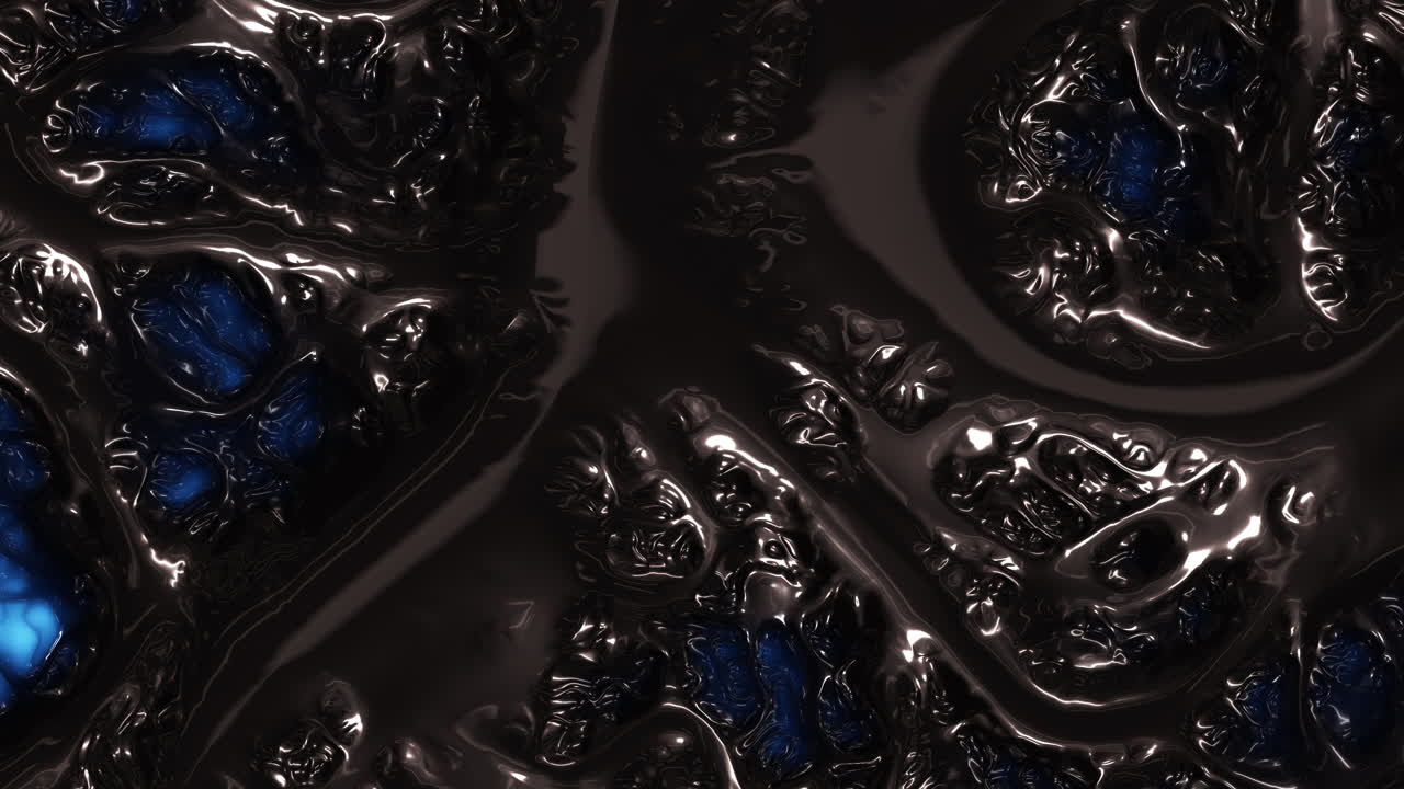 Macro footage of glossy black viscous liquid forming organic ripples and bubbles with deep blue highlights, creating a dark futuristic background for design and tech themes