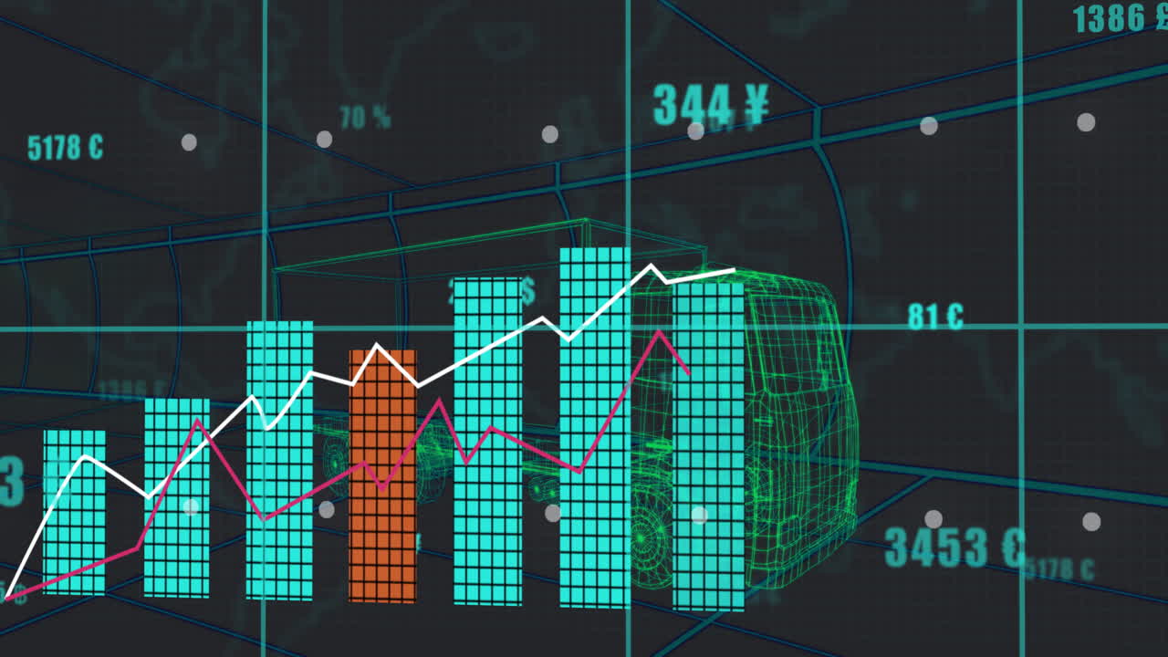 Turquoise orange 3D bar-chart columns showing white magenta trend lines and wireframe vehicle model