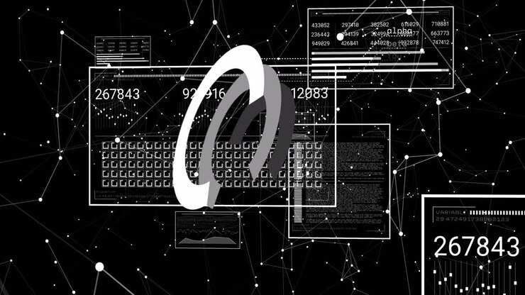 Computer screens show data processing over transparent or black background