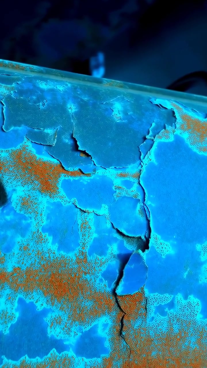 Vertical video: Shifting camera revealing corroded metal panel in workshop, exposing vertical crack
