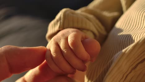 little baby hand holding parent's fingers - close up slow motion
