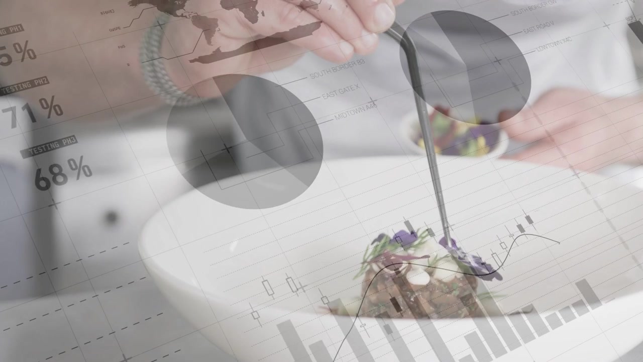Male chef picking flower with tweezers, placing blooms for service while charts overlay, receding