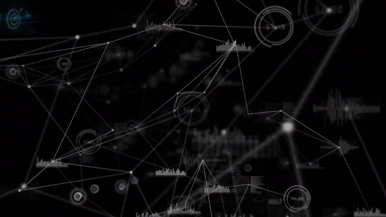 Animation of network of connections with data processing on black background