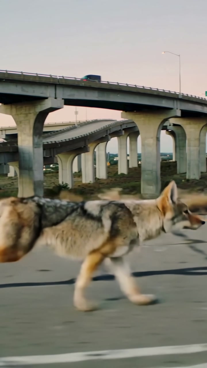 Vertical video: Emerging from left, large canid walking across roadway under ramps, nearing pillars