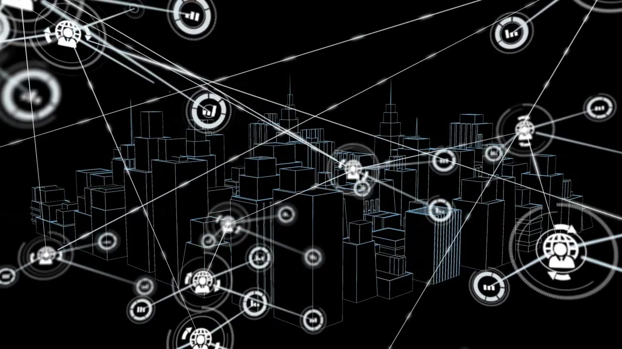 Wireframe city anchoring node emitting lines and forming growing tech network showing globe icons