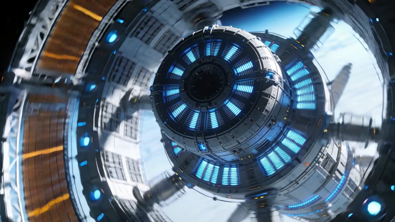 Rotating station frames advancing showing blue core sweeping rotors orange array in Earth orbit