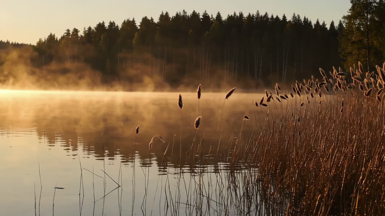 el amanecer brumoso sobre un lago