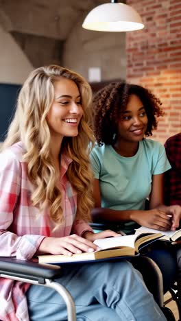 diverse young women studying together, one in wheelchair