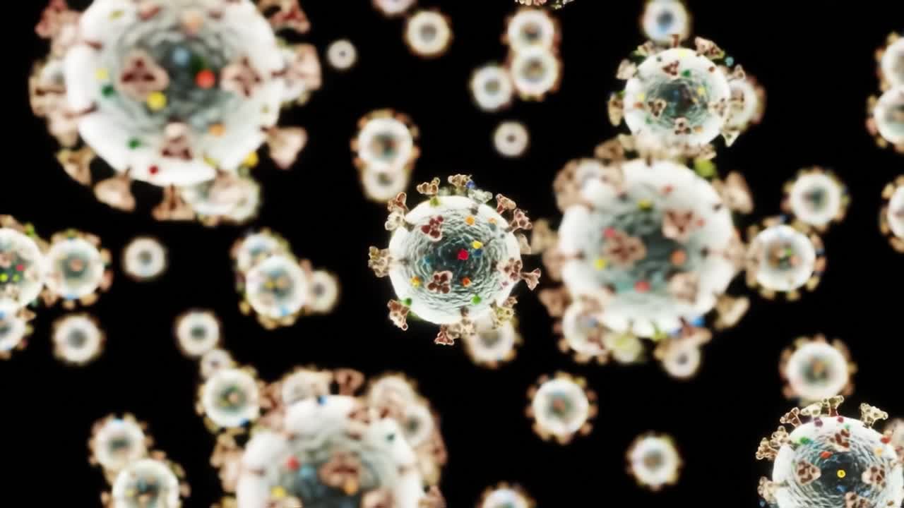 Dynamic Visualization of Virus Particles in Motion, Showcasing the Intricate Structures and Complex Interactions of Microbial Life Forms in a Digital Environment