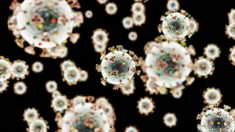 dynamic visualization of virus particles in motion, showcasing the intricate structures and complex interactions of microbial life forms in a digital environment