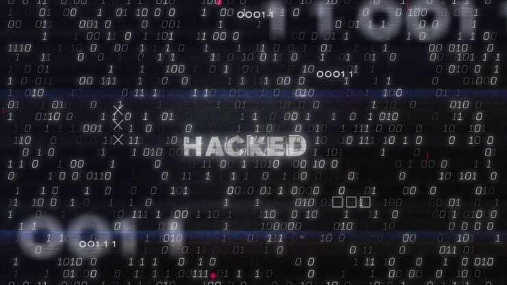 Animation of hacked text and binary coding data processing over circuit board