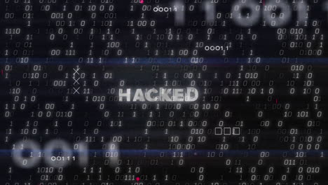 Animation of hacked text and binary coding data processing over circuit board