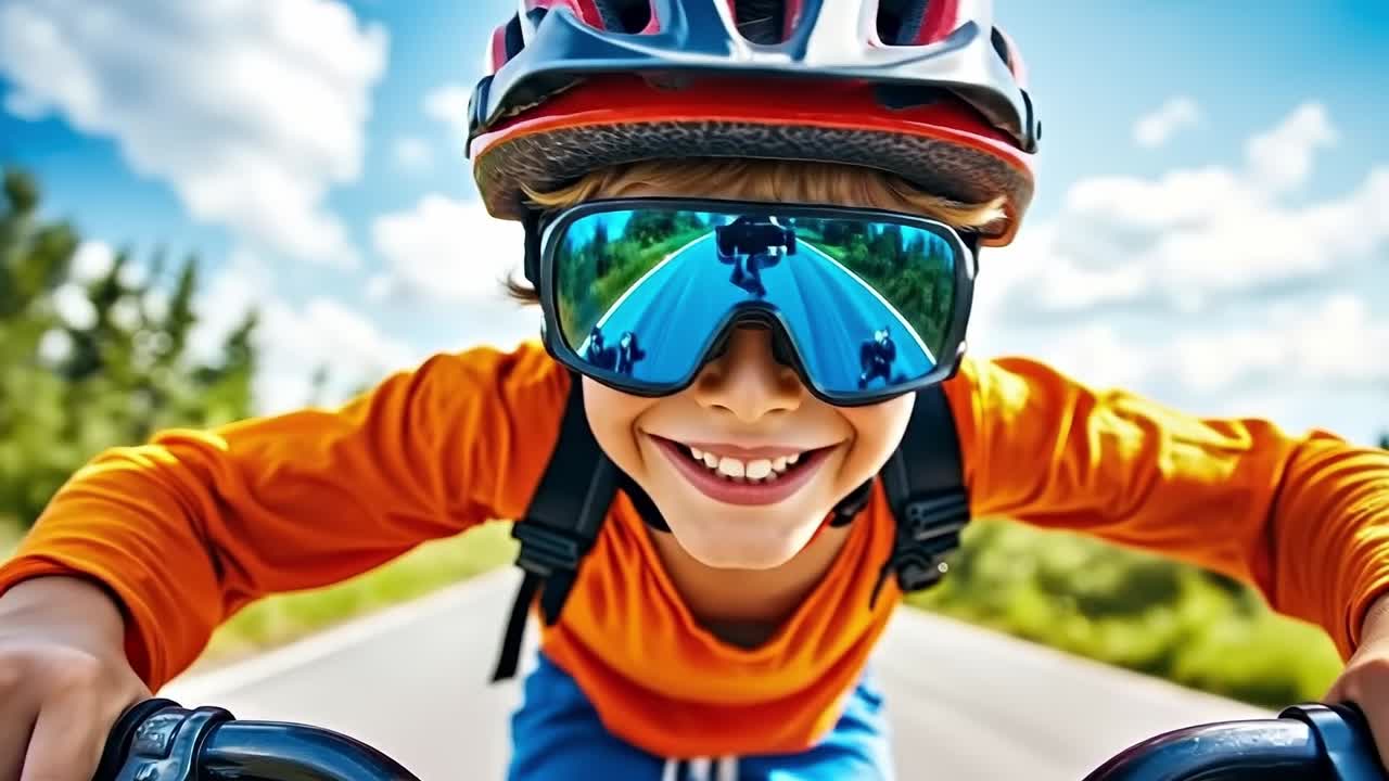 A young boy wearing a helmet and goggles riding a bike