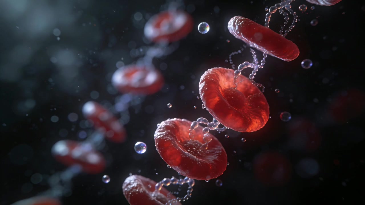 Camera shifting, red blood cells drifting and rotating in plasma flow, forming filaments and drops