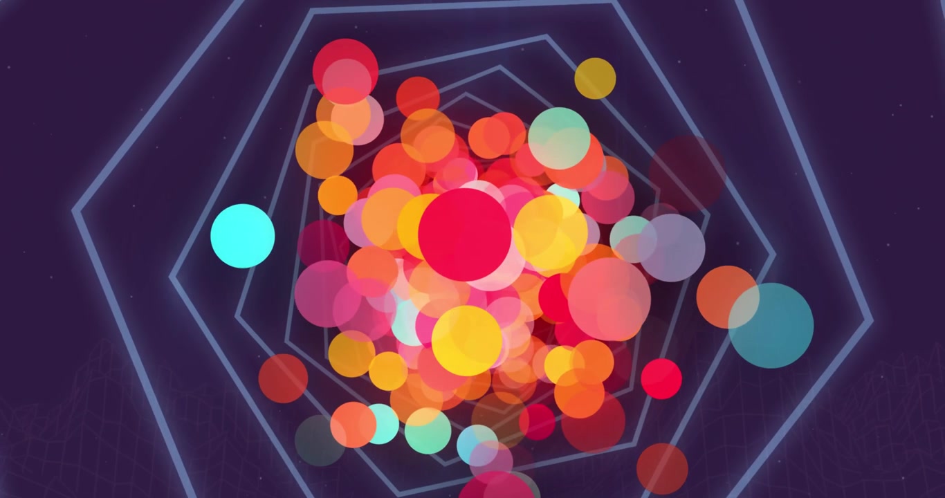Animazione di punti luce colorati su un tunnel esagonale con un motivo continuo su sfondo blu