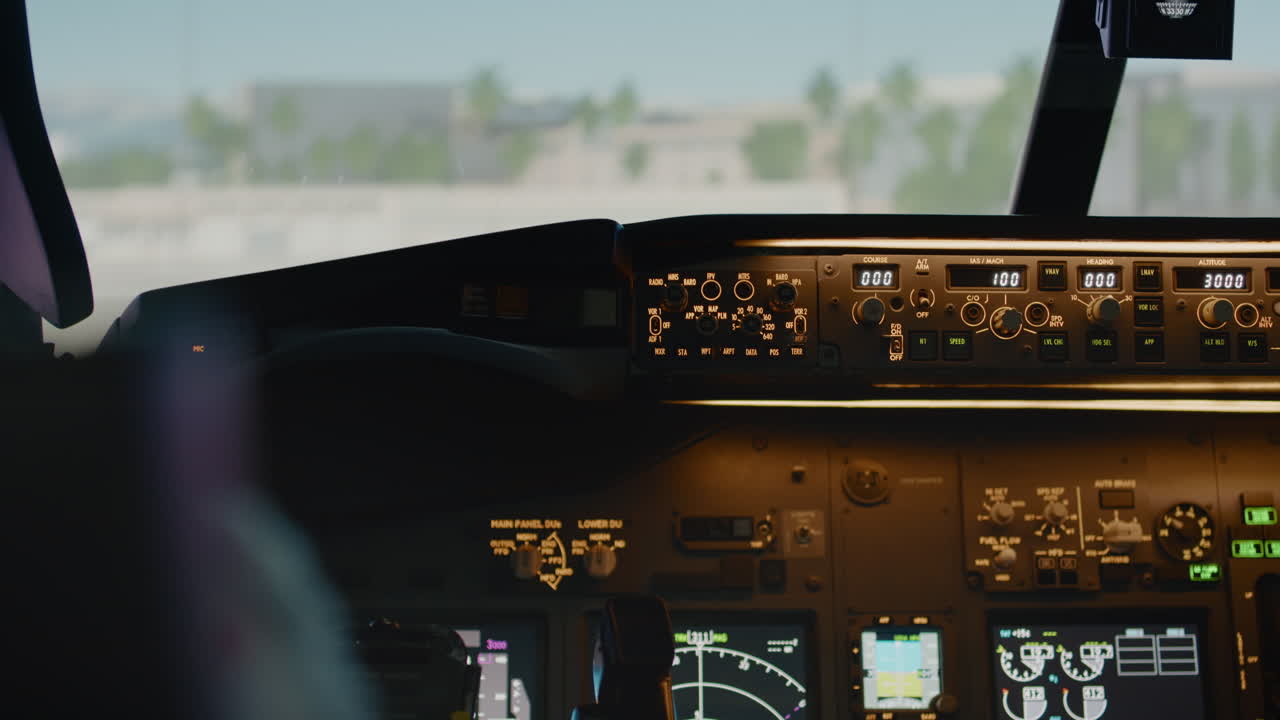 Airplane control panel with switch and lever in cockpit to takeoff