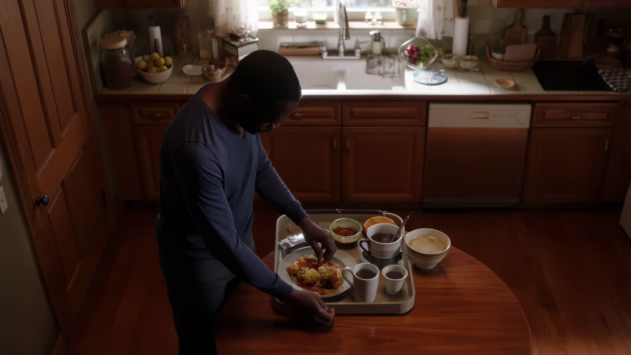 A man is having breakfast in the kitchen
