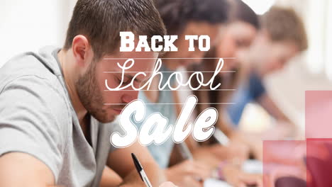 animation of back to school sale text over students in classroom