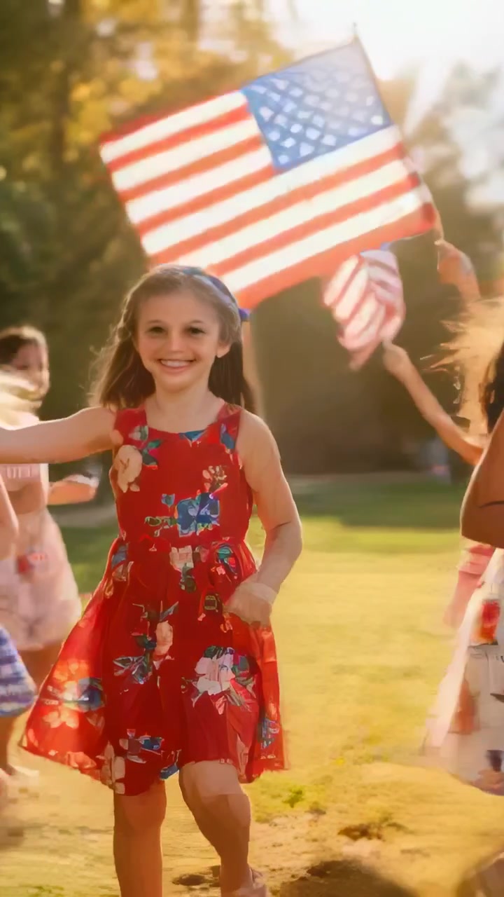 Vertical video: Camera tracking girl in red dress waving US flags at park, kids running and playing
