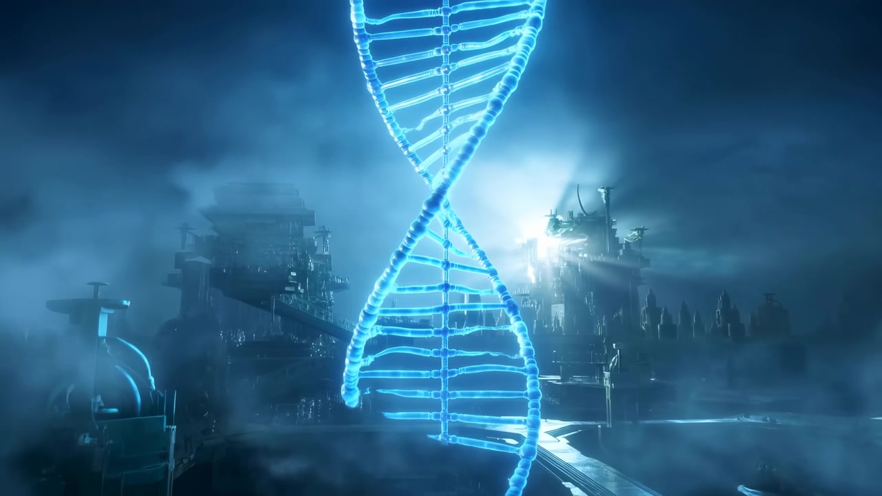 Large semi transparent cyan DNA double helix floats above fog filled futuristic industrial skyline, descending and twisting through moody haze with metallic towers, soft glow, and dramatic backlight