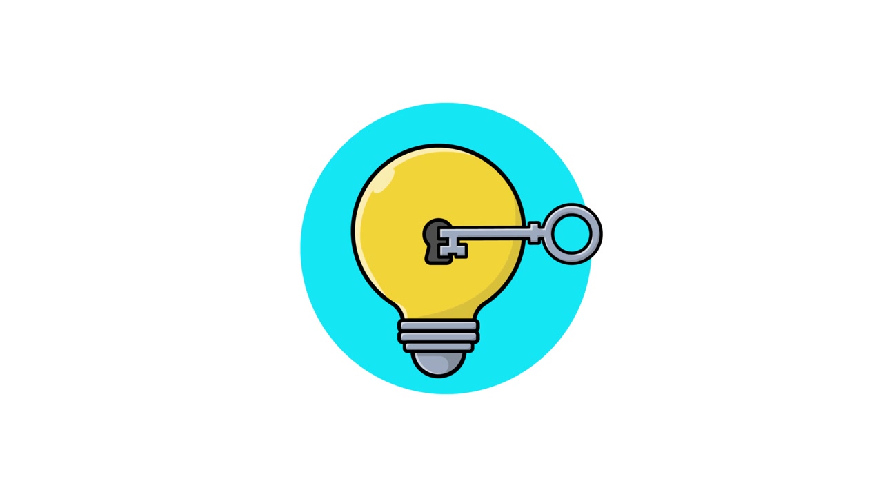 Animated Key Unlocking a Light Bulb for Idea and Solution