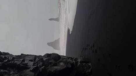 vertical video, black sand beach and scenic coastline of iceland on dark rainy day